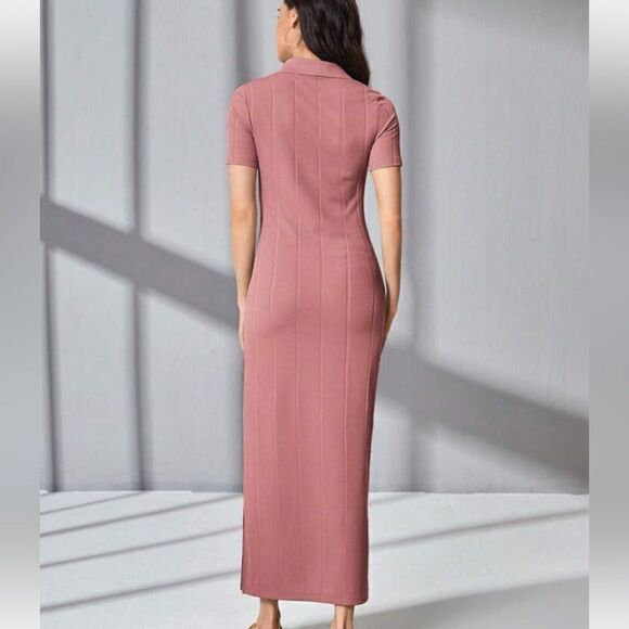 Solid Split Hem Fitted Dress Dusty Pink Size M (6) - Picture 2 of 4